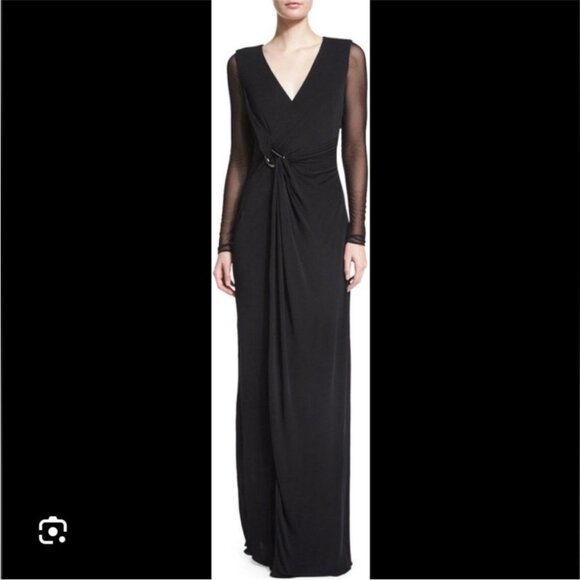 HALSTON HERITAGE Black Sheer Sleeve Ruch Wrap Elegant Gala Evening Maxi Dress - Picture 2 of 11